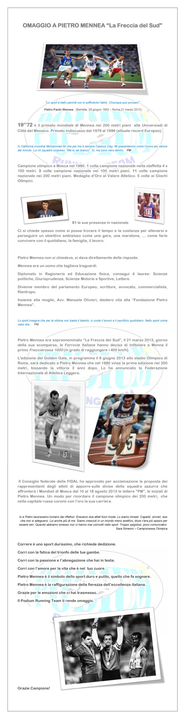 “Omaggio a Pietro Mennea” da parte del Podium Running Team